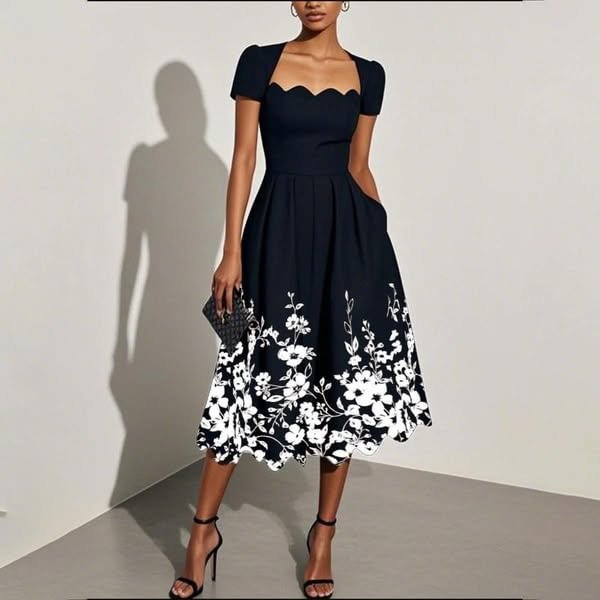 Women's Short Sleeve Square Neck Dress with Digital Print
