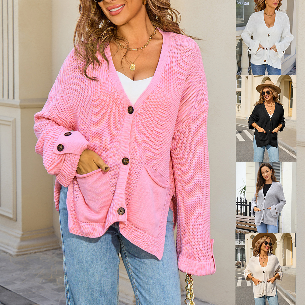V-Neck Knit Cardigan Loose Sweater with Pockets Long Sleeve