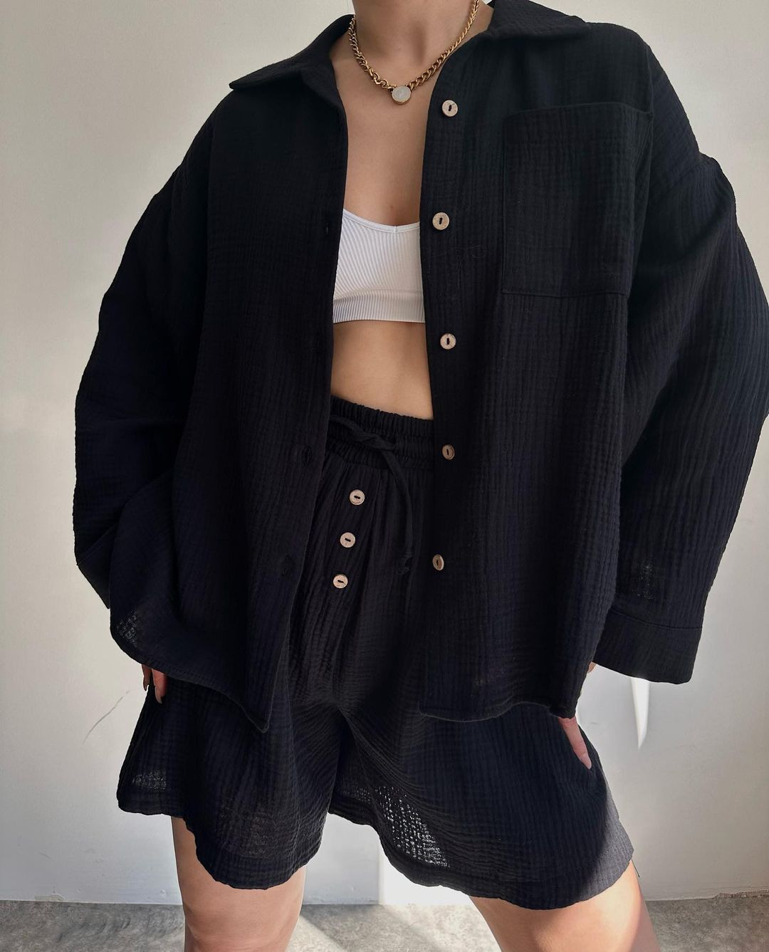 Women's Textured Collared Long Sleeve Shirt and Drawstring Shorts Set