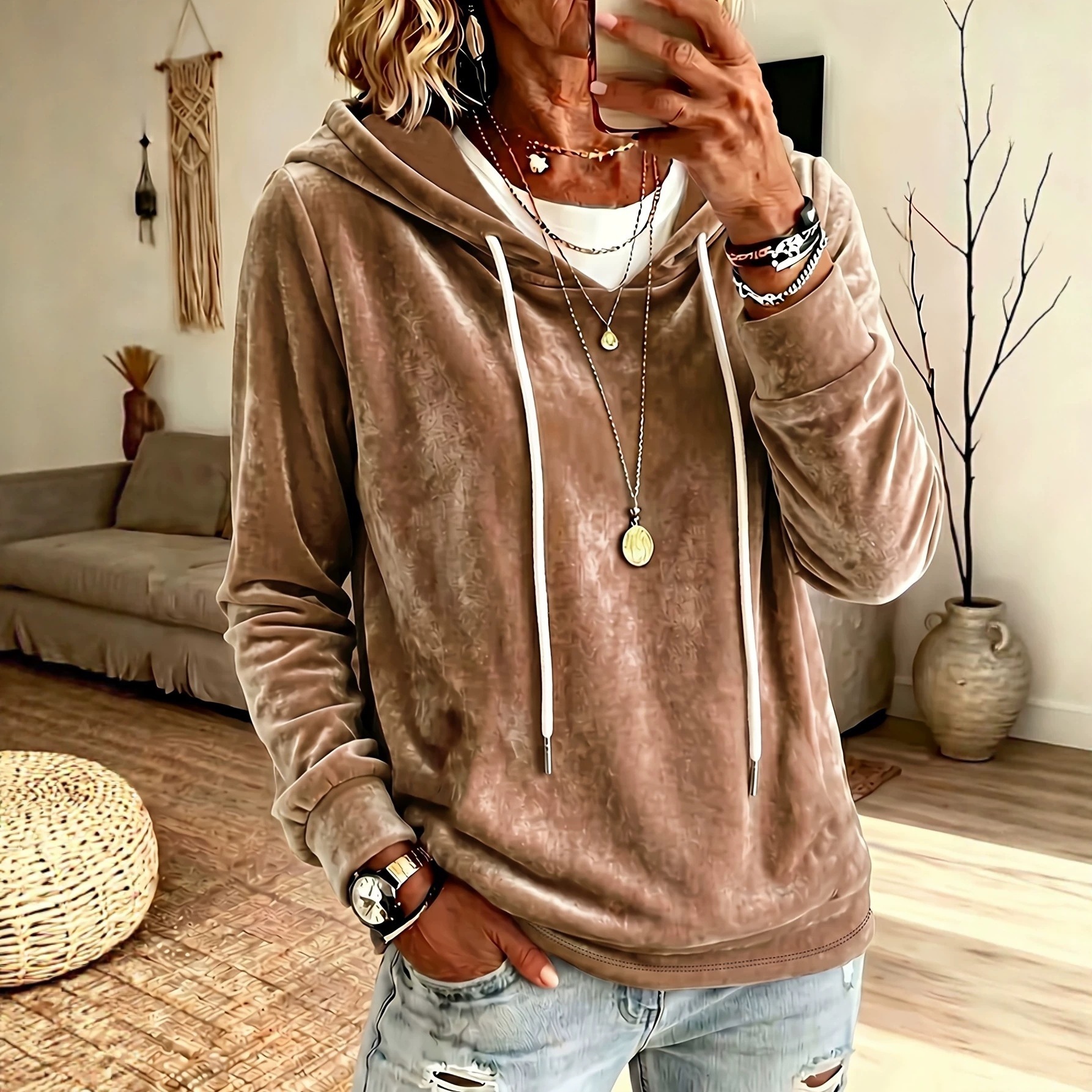 Women's Elegant Solid Velvet Hooded Long-Sleeve Top Sky Blue