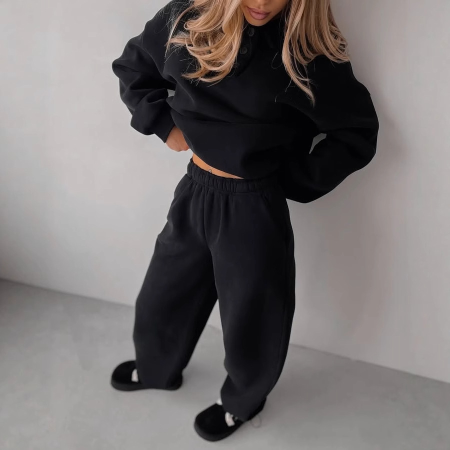 Women's Solid Color Long Sleeve Collared Sweatshirt and Elastic Waist Pants Two-Piece Set