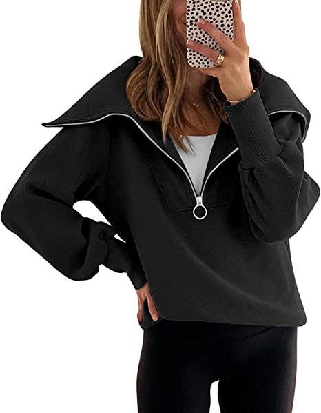 Women's Zip-Up Hoodie with Collar, Long Sleeve, Drop Shoulder, Pullover