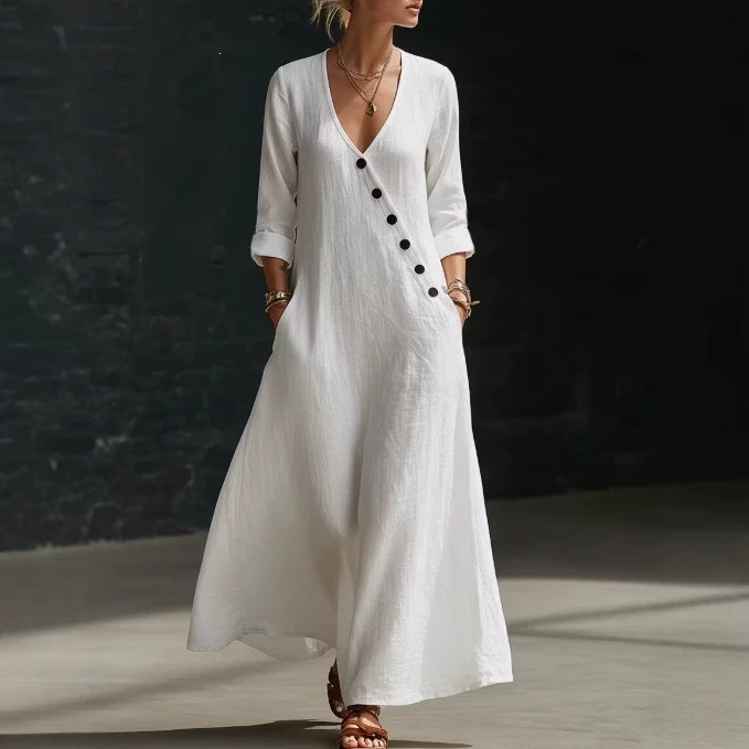Women's V-Neck Button-Front A-Line Maxi Dress