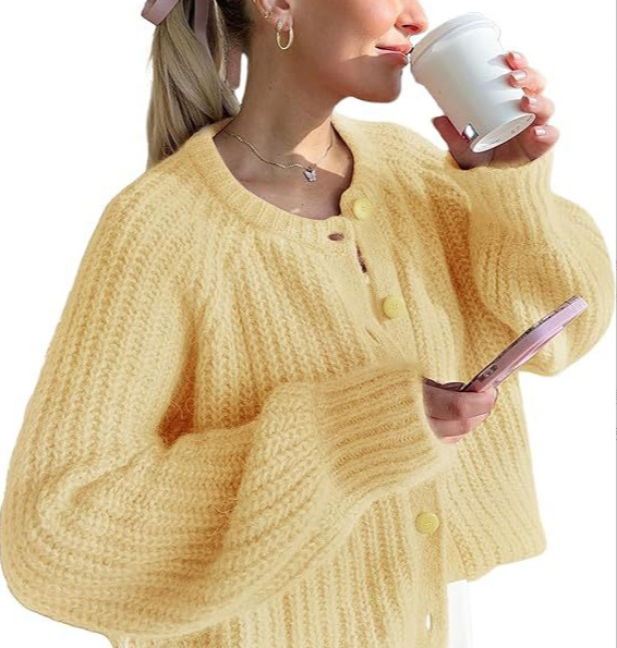 Women's Solid Knit Cardigan Round Neck Long Sleeve Loose Fit