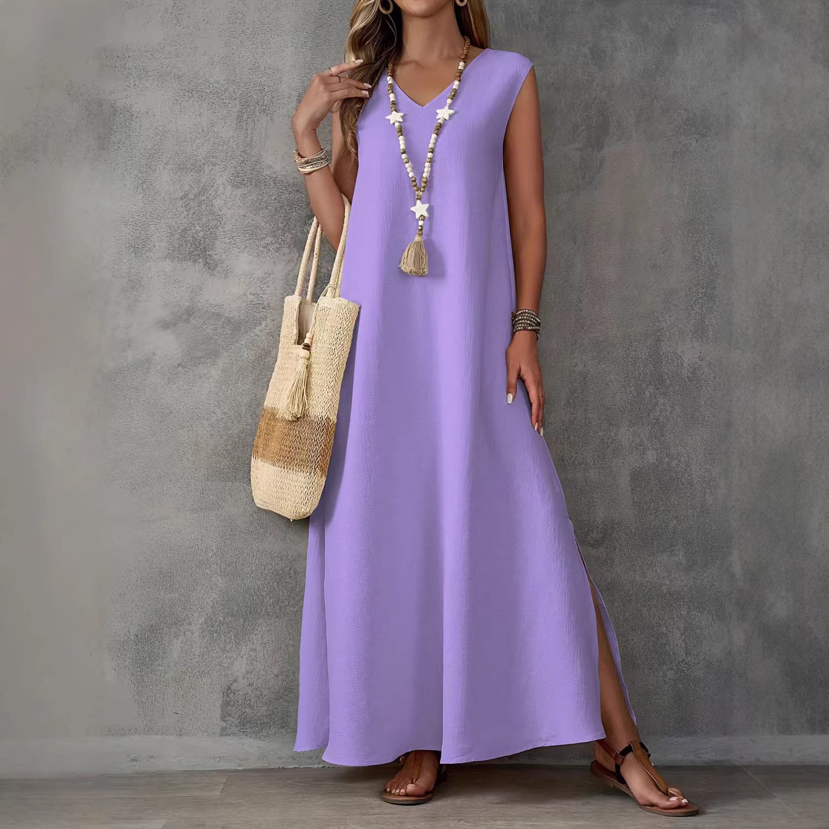 Women's Sleeveless V-Neck Side Slit Long Dress Elegant