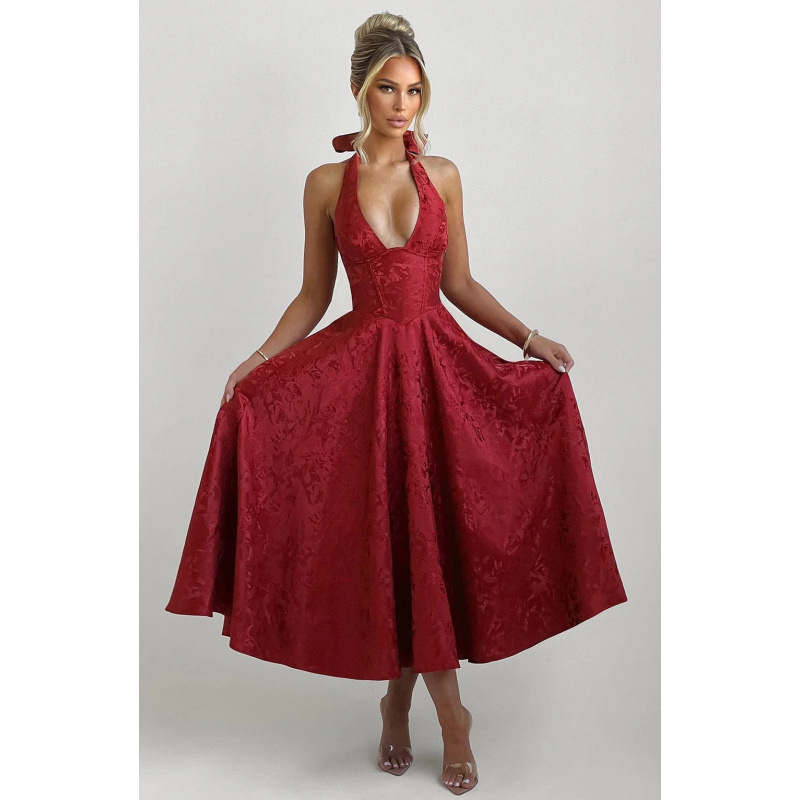 V-Neck Halter Jacquard Evening Dress Sleeveless Open-Back A-Line Long Gown
