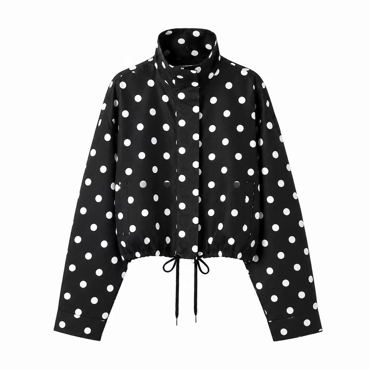 Women's Polka Dot Zip-Up Jacket with Drawstring Stand Collar