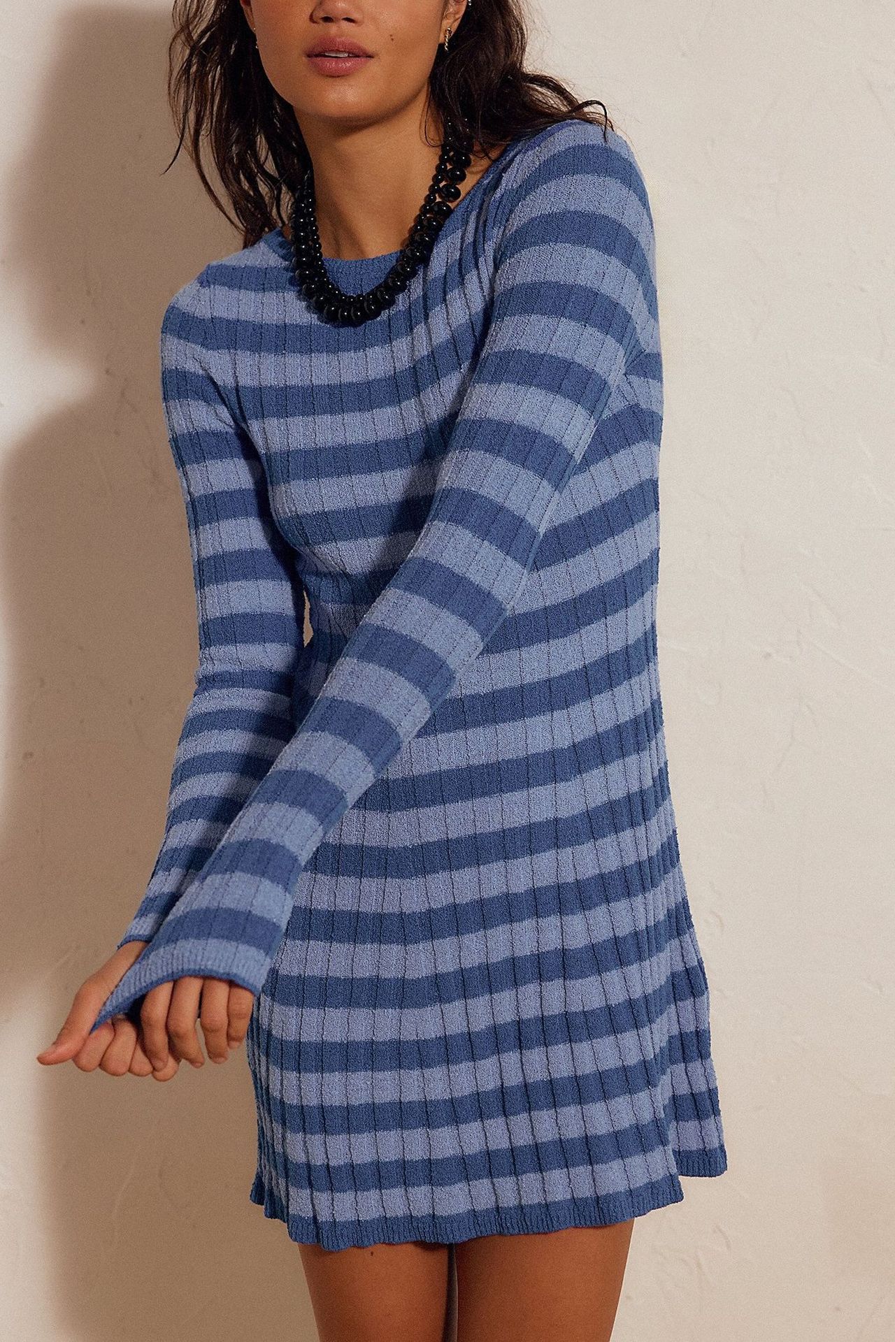 Striped Knit Sweater Dress Crewneck Long Sleeve High Waist