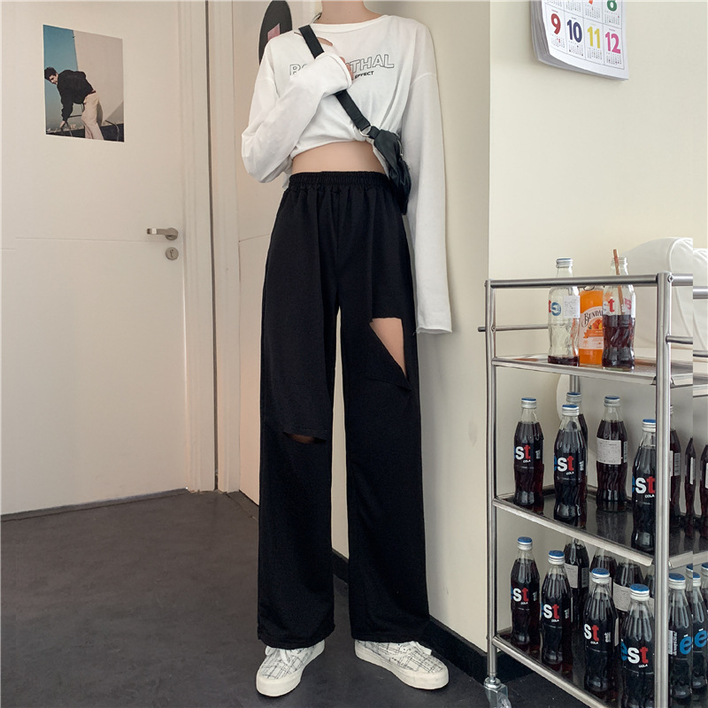 Distressed High-Waist Wide-Leg Pants for Women, Gray Straight-Leg Casual Trousers