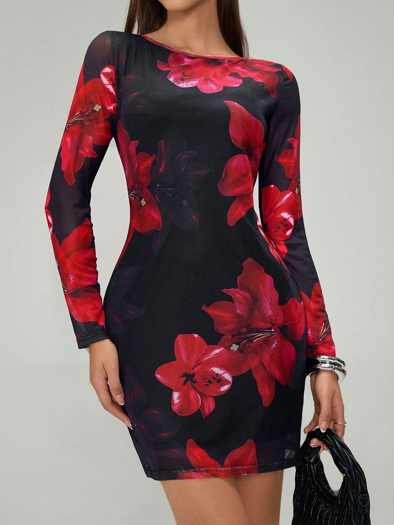 Women's Floral Print Mesh Bodycon Long Sleeve Dress