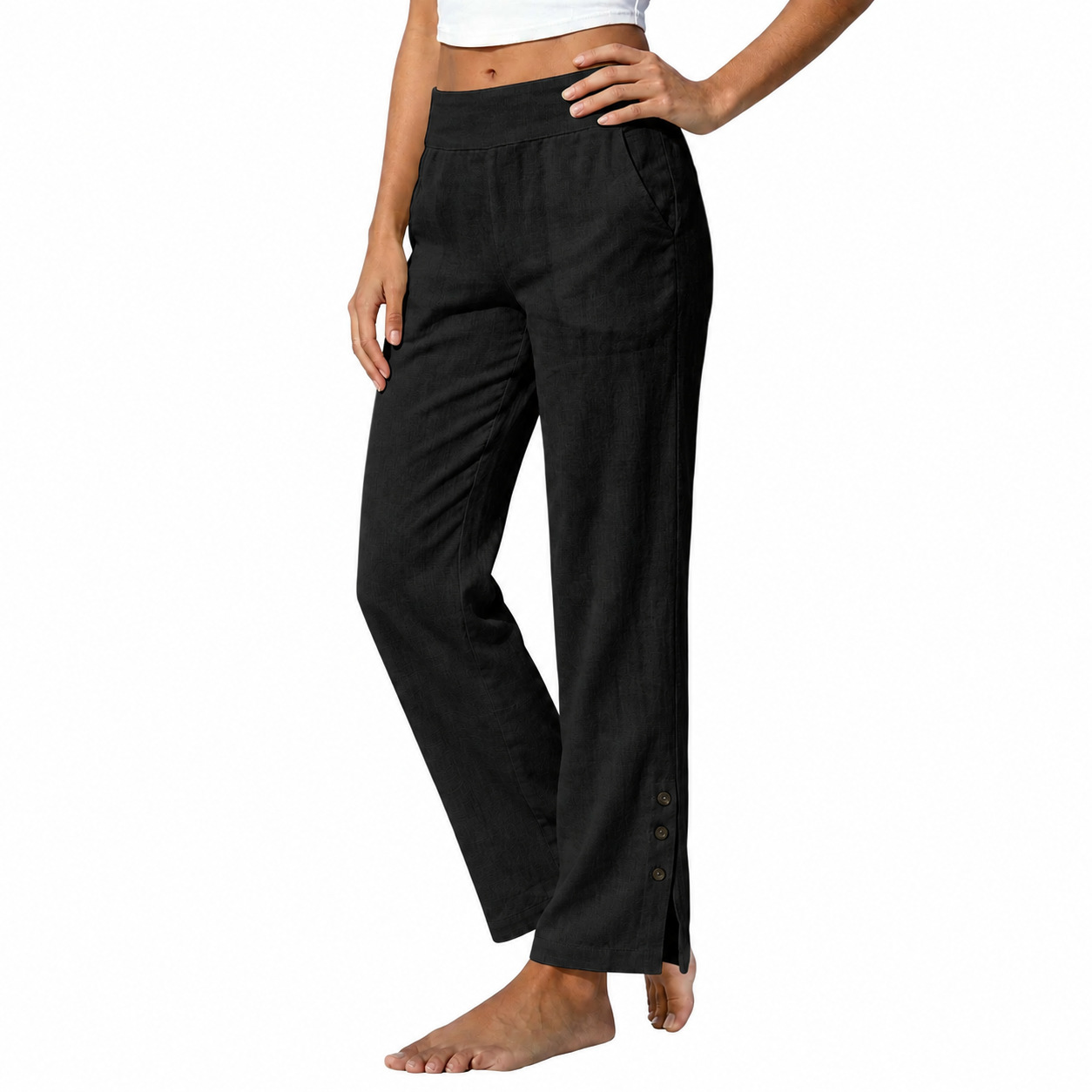 Women's Cotton Linen High Waist Wide Leg Pants with Side Slit Buttons
