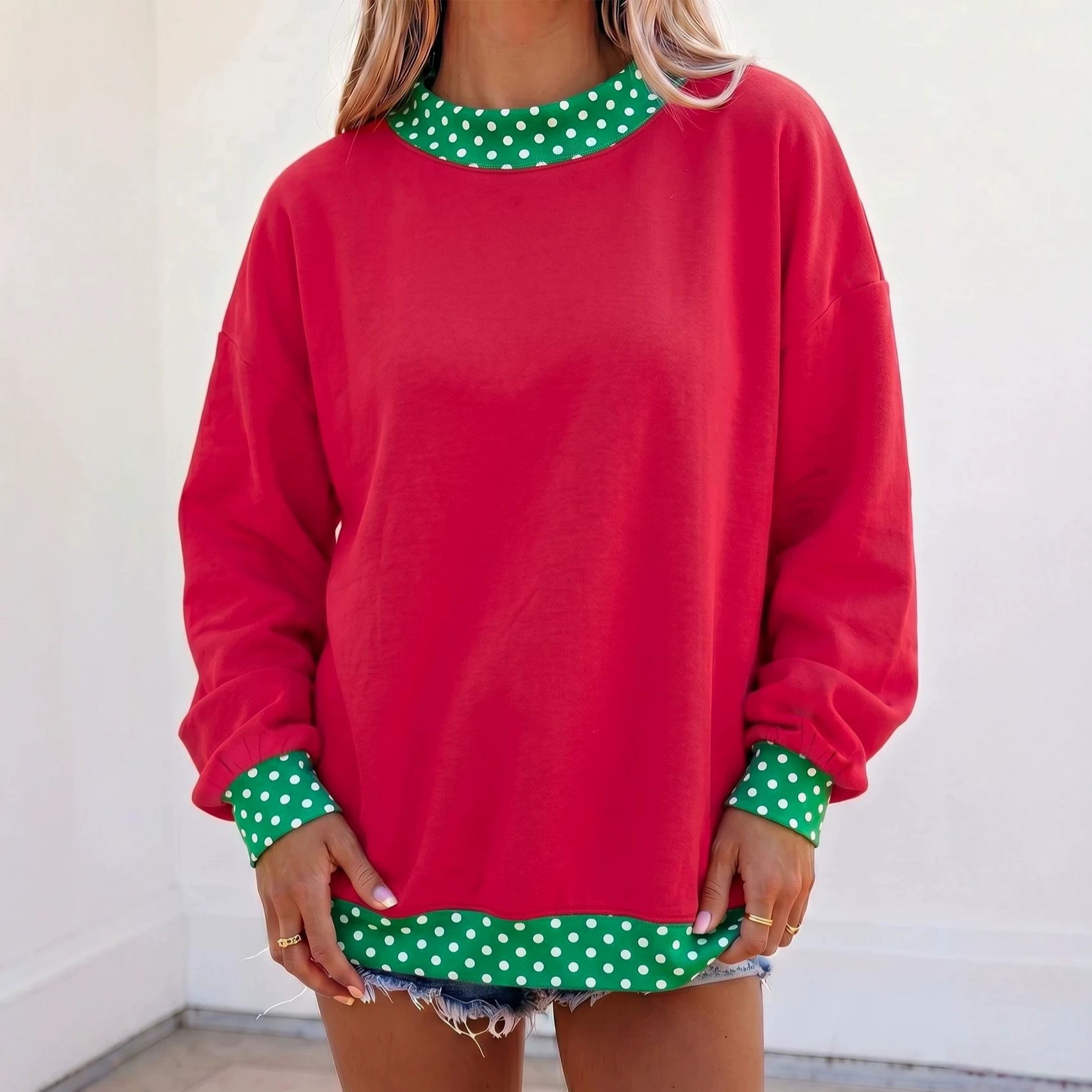 Color-Block Polka Dot Crewneck Loose Fit Women's Sweatshirt