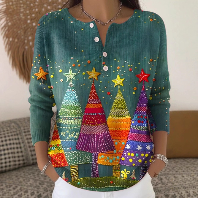 Women's Christmas Dinosaur Forest Print Button Sweatshirt