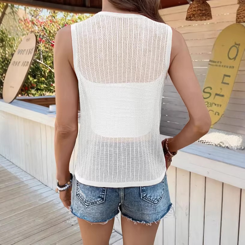 Women's Casual Solid Color Hollow-Out Lace-Up Knit Top