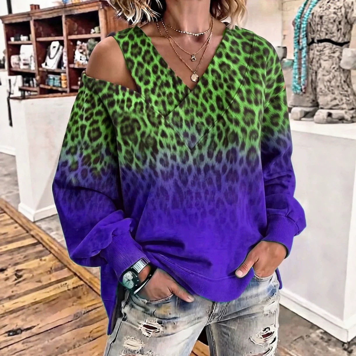 Leopard Print Off-Shoulder V-Neck Long-Sleeve Loose Top
