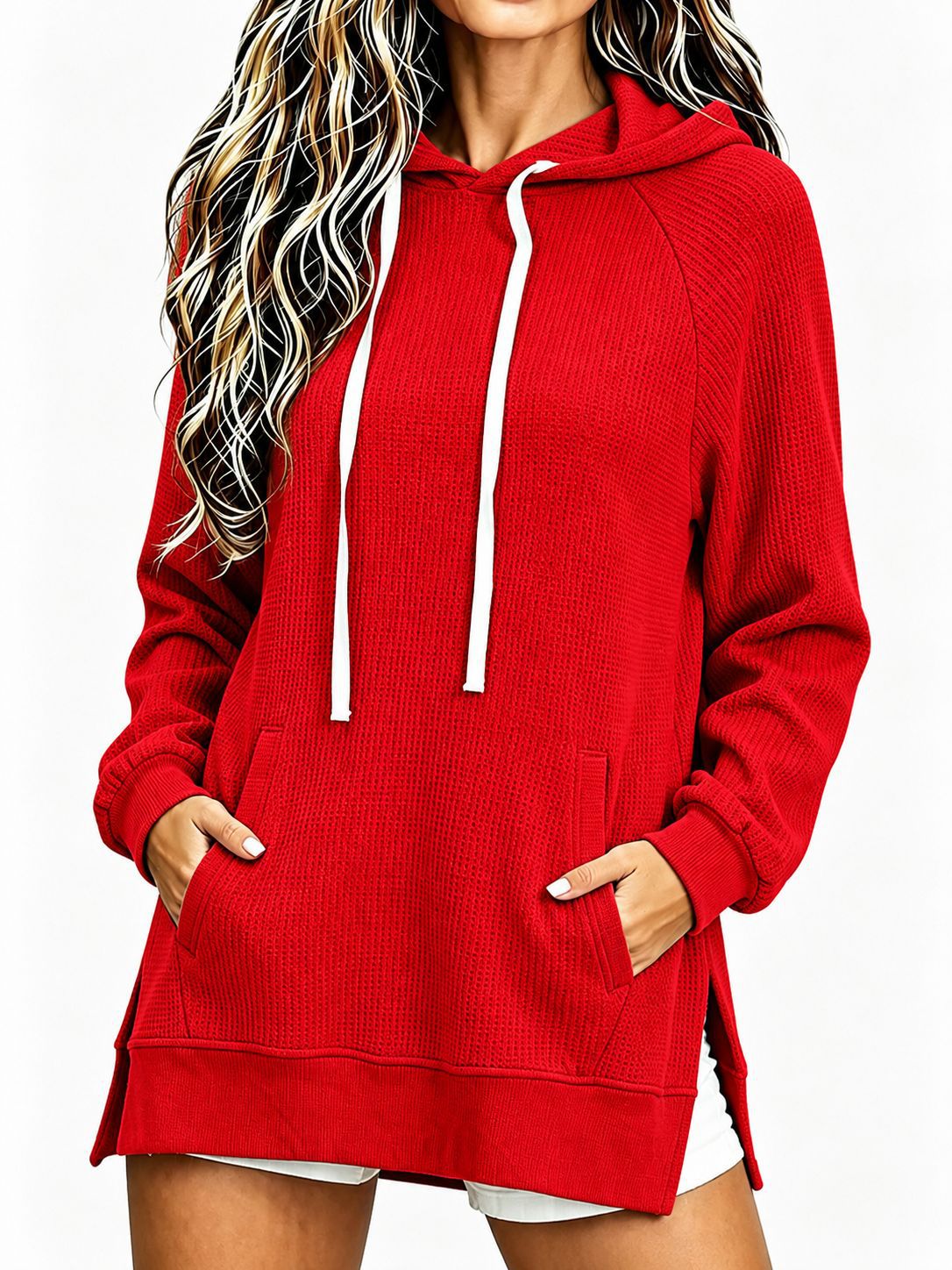 Women's Waffle Knit Hooded Sweatshirt Fall Winter New Loose Mid-Length Pullover with Pockets