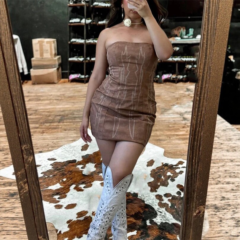 Faux Denim Print Strapless Bodycon Mini Dress