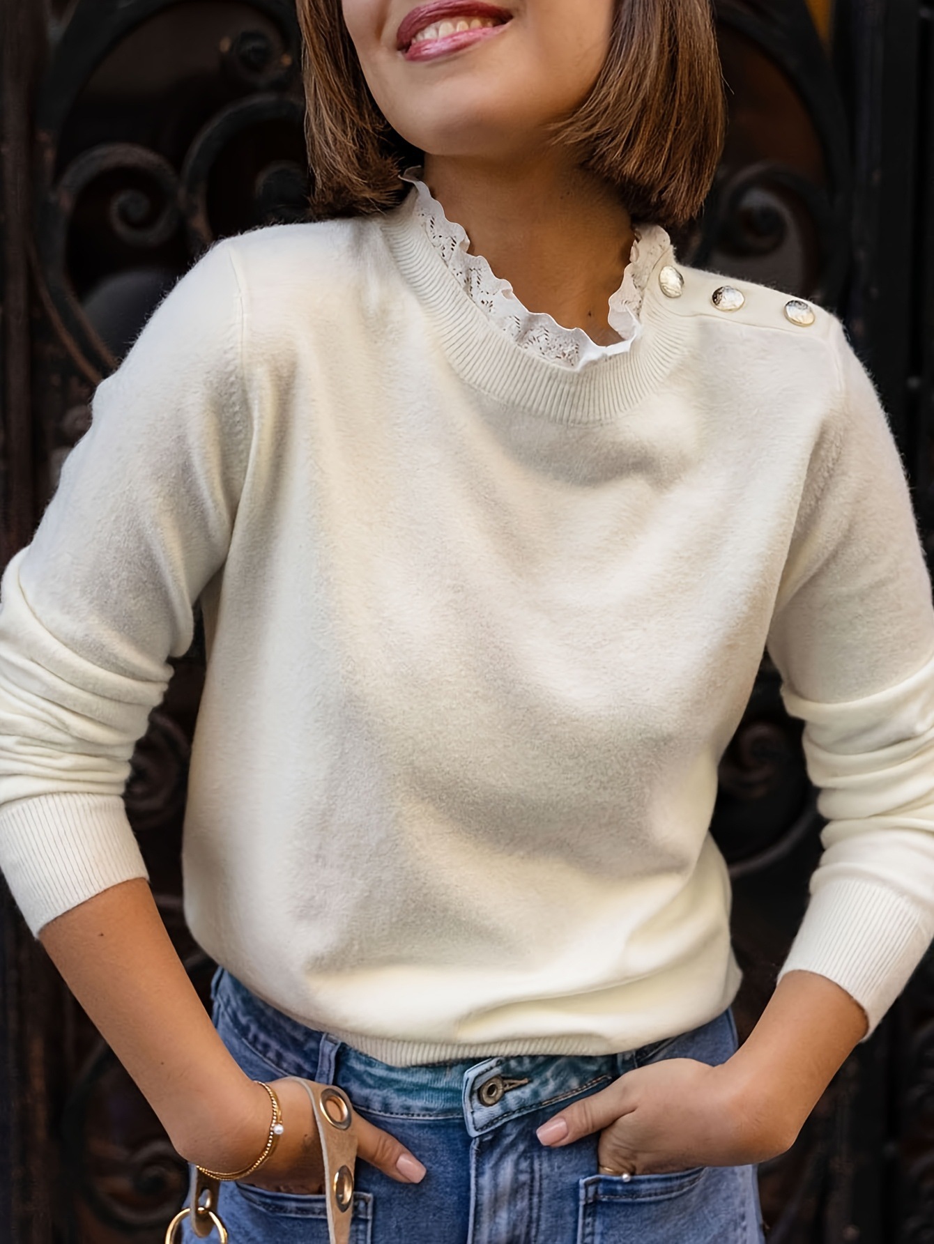 Women's Lace-Trim Knit Sweater Long Sleeve Crew Neck Slim Fit