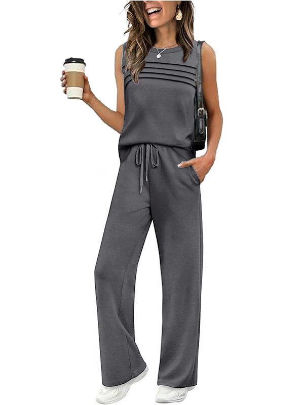 Women's Textured Sleeveless Vest & Wide-Leg Pants Set with Drawstring Pockets