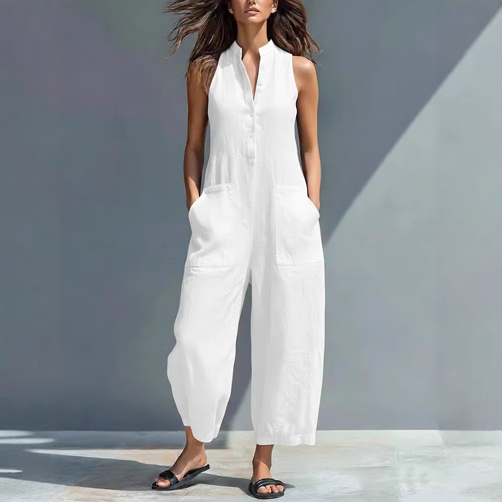 Women's Linen-Blend Button-Front Sleeveless Wide-Leg Jumpsuit
