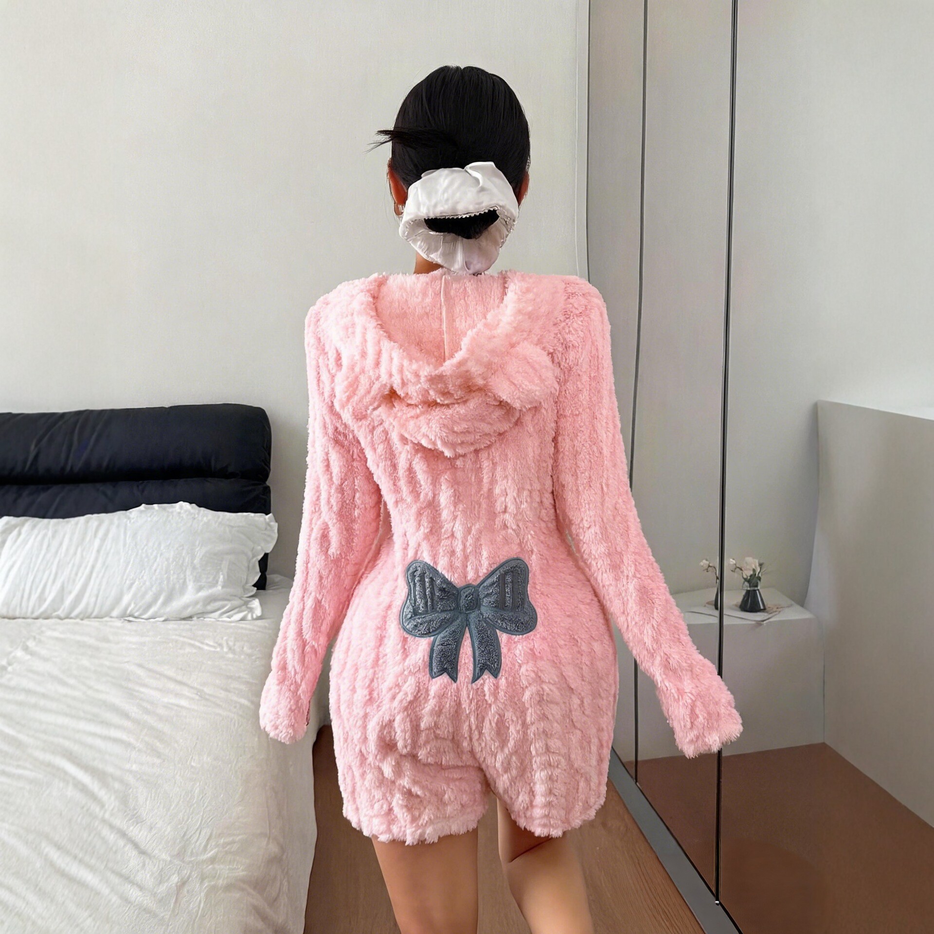Women's Casual Solid Hooded Long Sleeve Fleece Jumpsuit