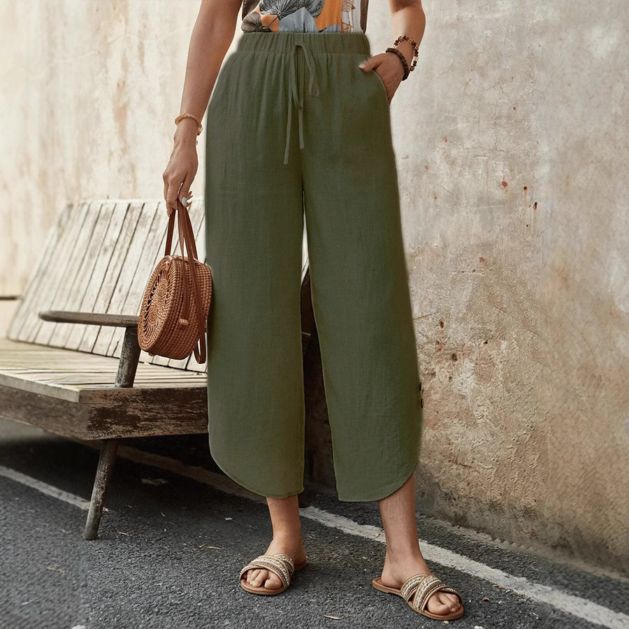 Women's Casual Cotton Linen High Waist Wide Leg Cropped Pants