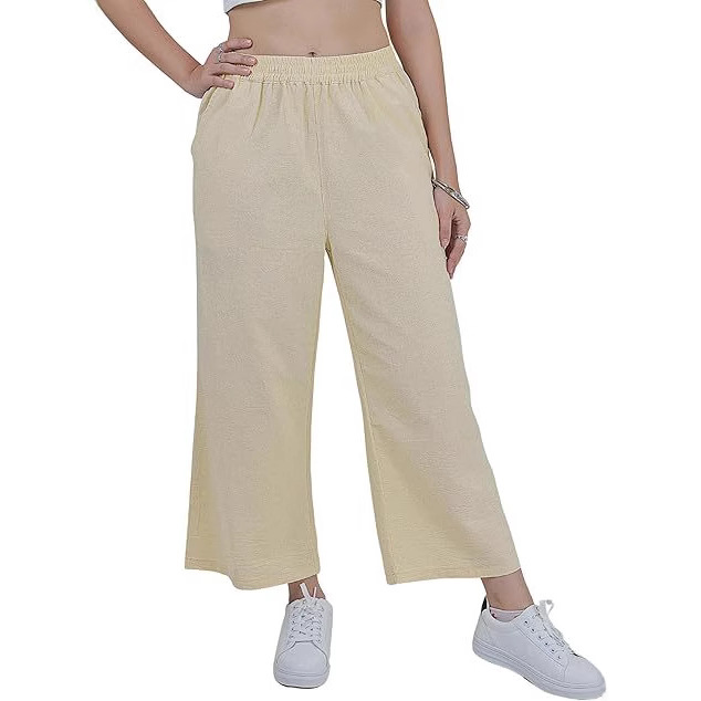 Women's Cotton-Linen Wide-Leg Capri Pants High-Waist Loose Casual