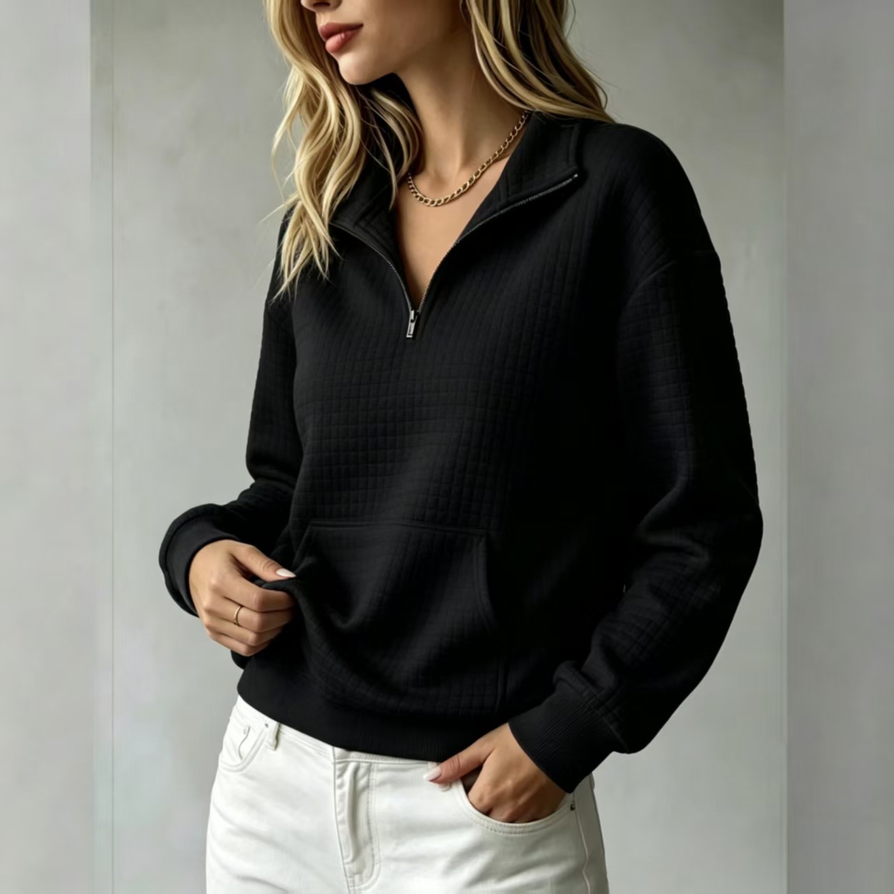 Women's Loose Kangaroo Pocket Solid Color Stand Collar Zip-Up Long Sleeve Sweatshirt