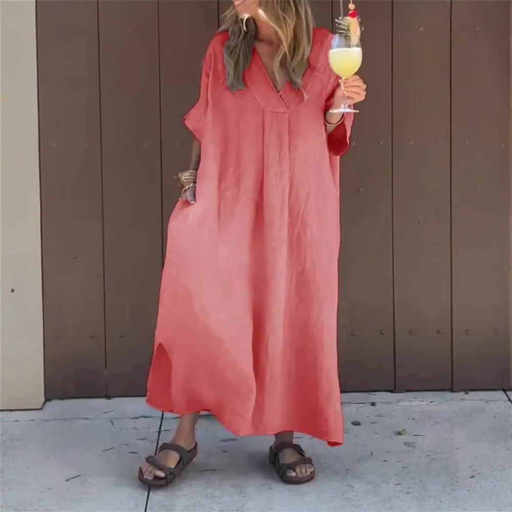 Women's Casual V-Neck Short Sleeve Solid Color Long Dress