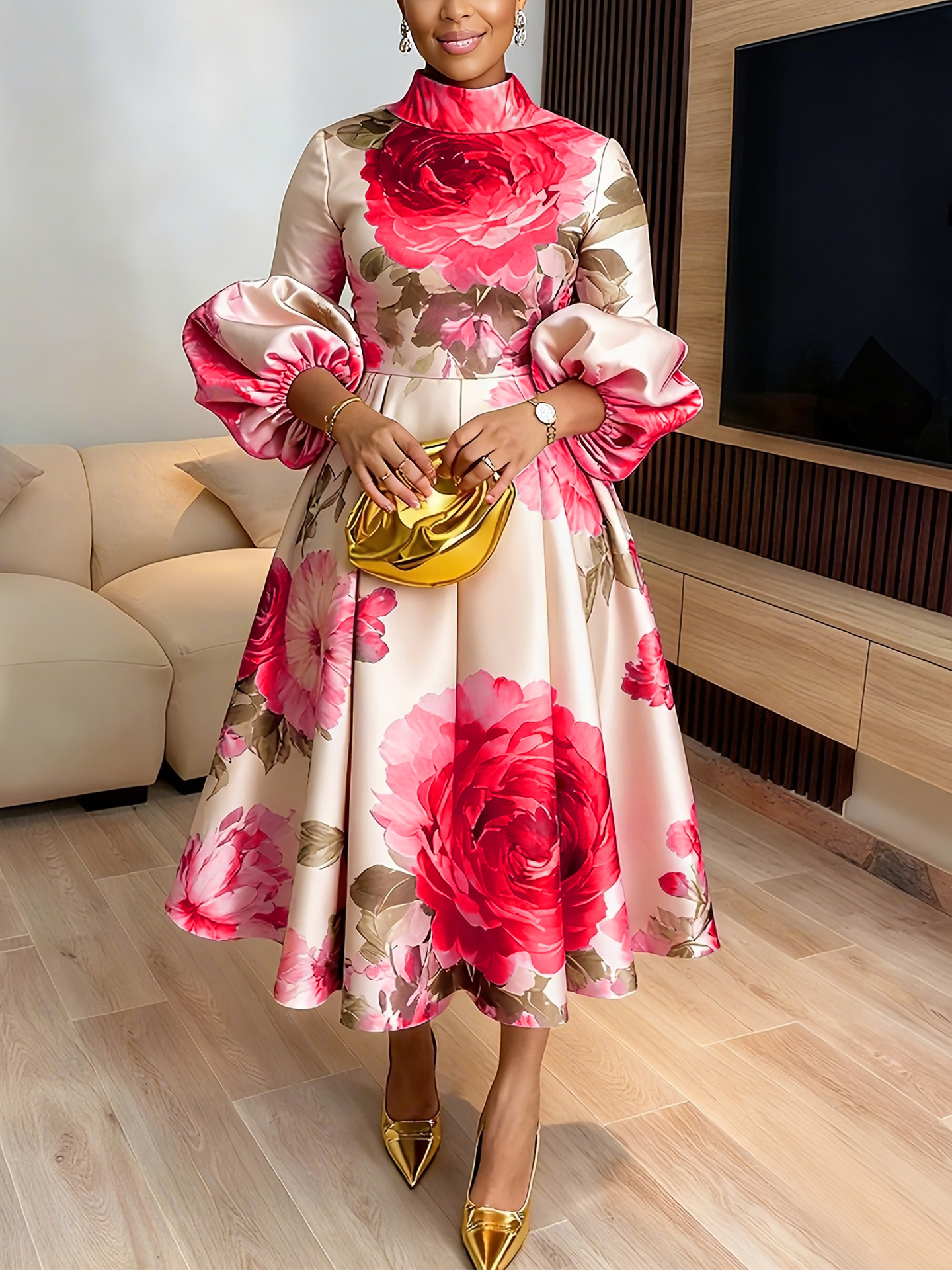 Vintage Floral Print High Neck Long Dress