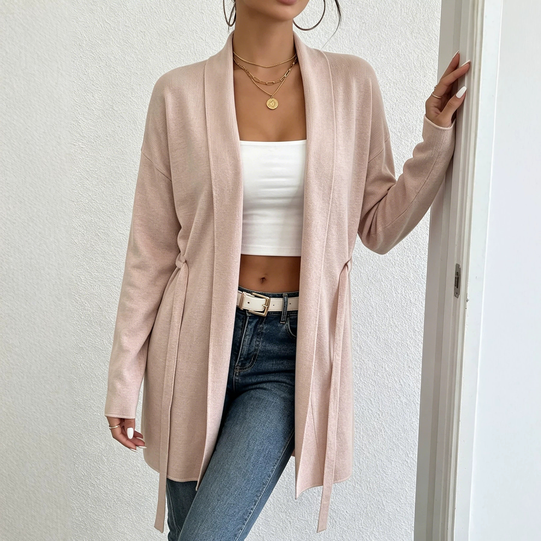 Women's Long Sleeve Tie-Waist Knit Cardigan