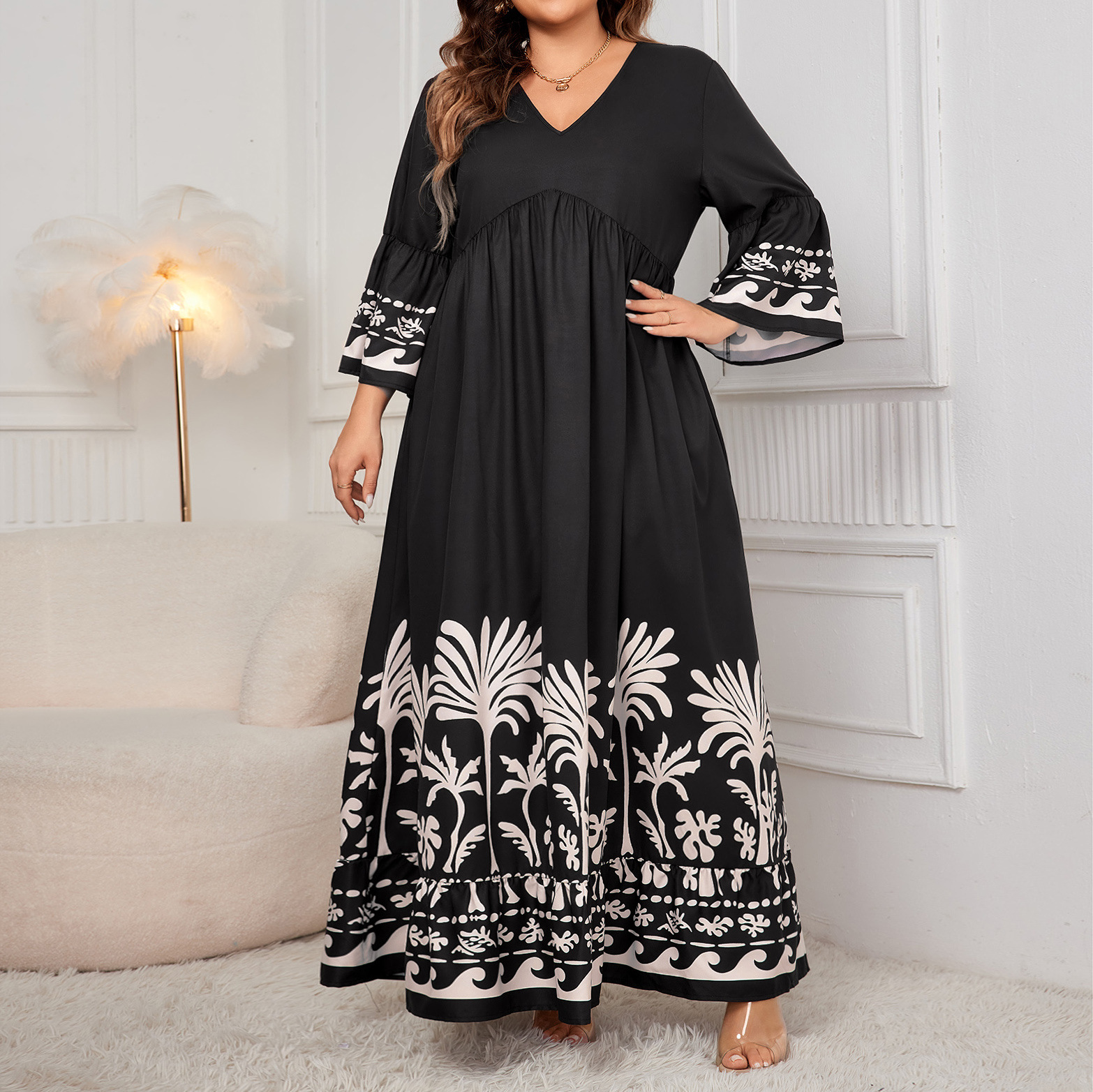 Women's Flared Sleeve V-Neck Printed Long Dress