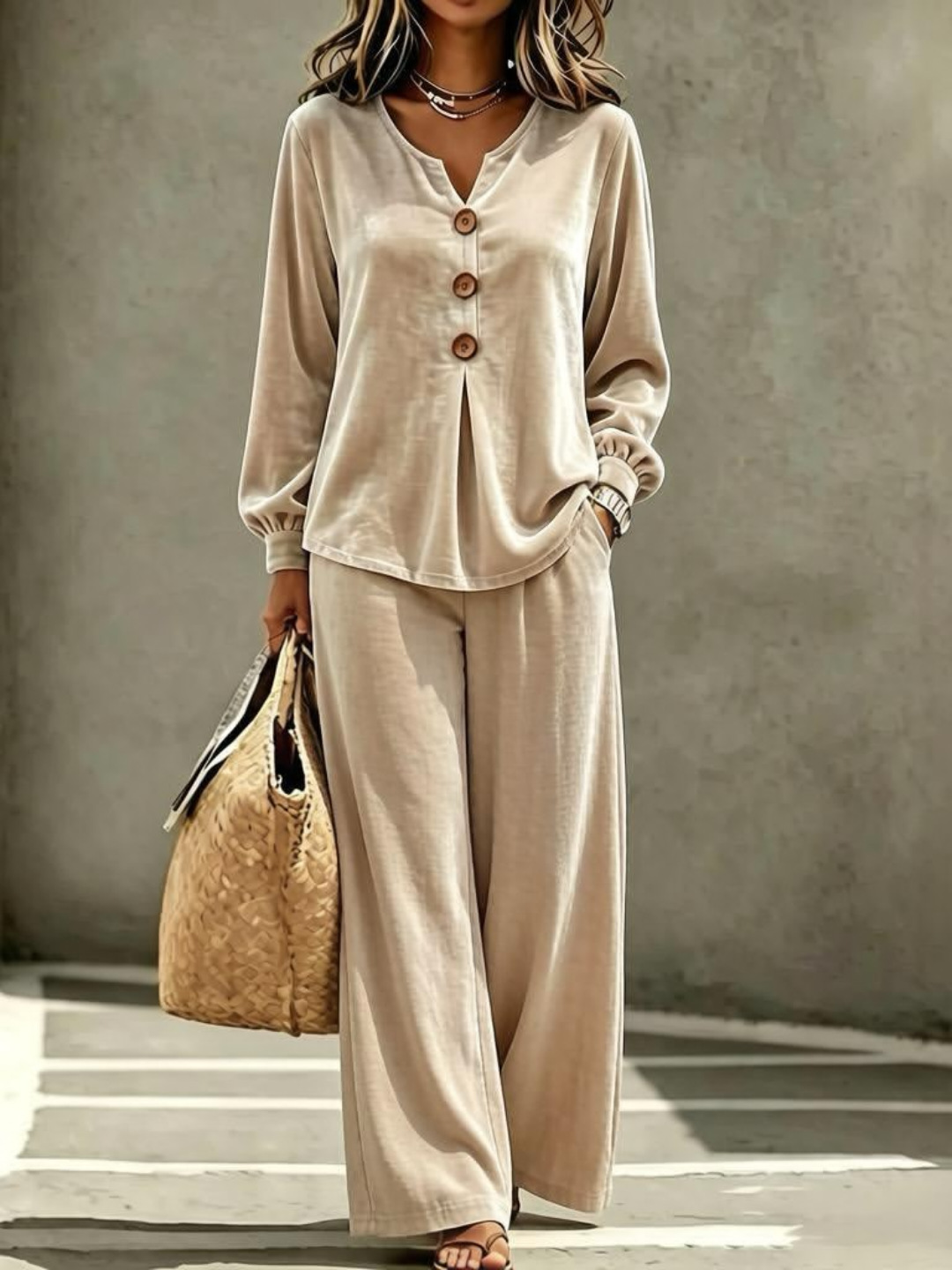 Women's Velvet Button V-Neck Long Sleeve Top and Pants Two-Piece Set