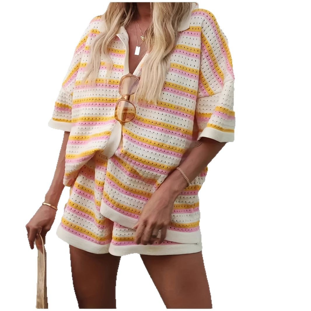 Women's Colorblock Striped Polo Short Sleeve & Shorts Set