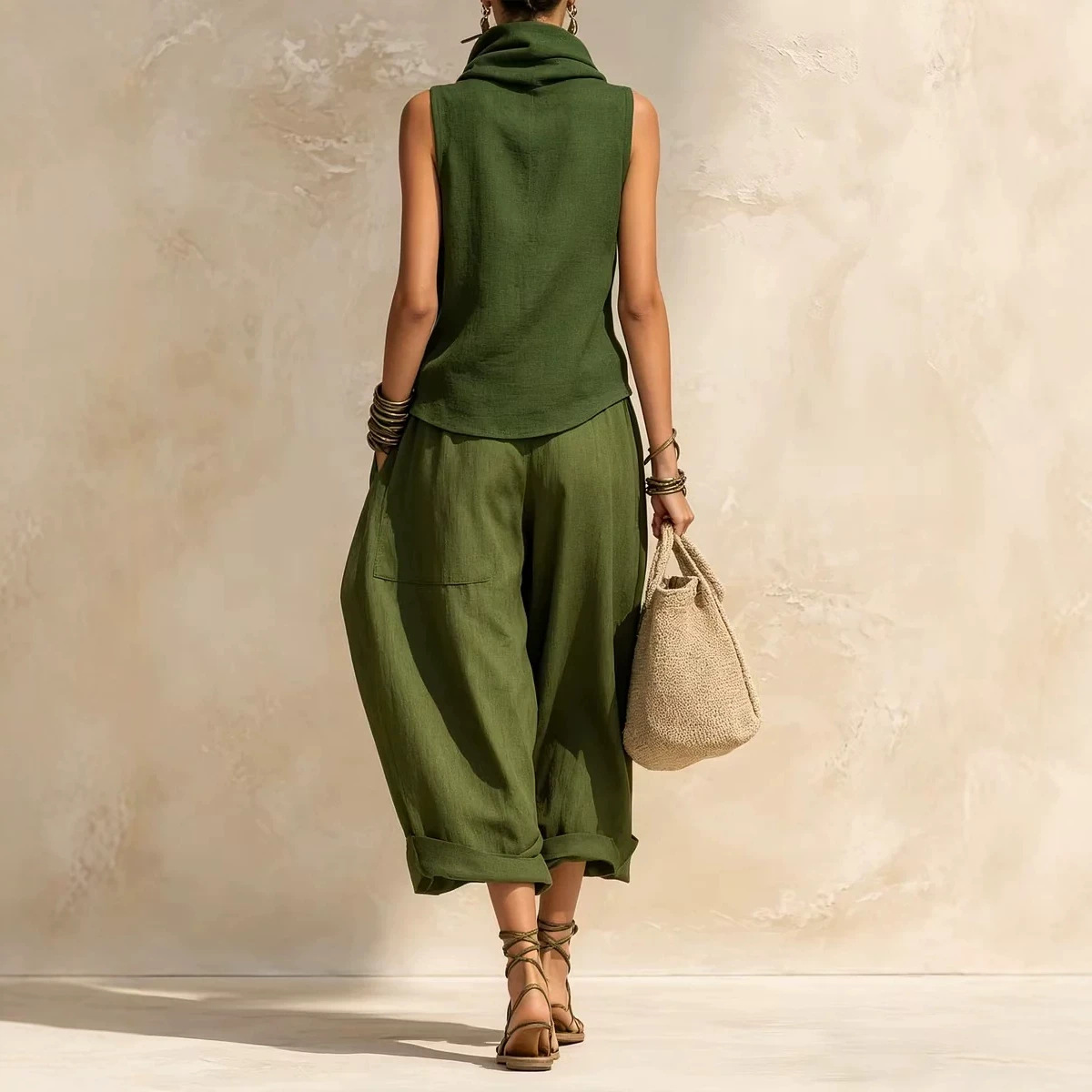 Women's Draped Neck Wide-Leg Pants Two-Piece Set