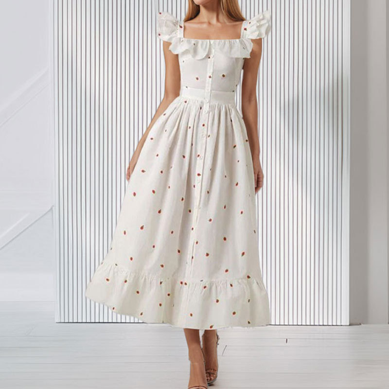 Women's Floral Print Ruffle Trim Square Neck Dress
