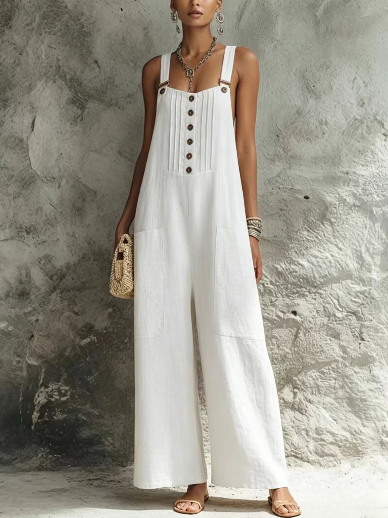 Women's Woven Button Sleeveless Wide-Leg Jumpsuit with Open Back and Pockets