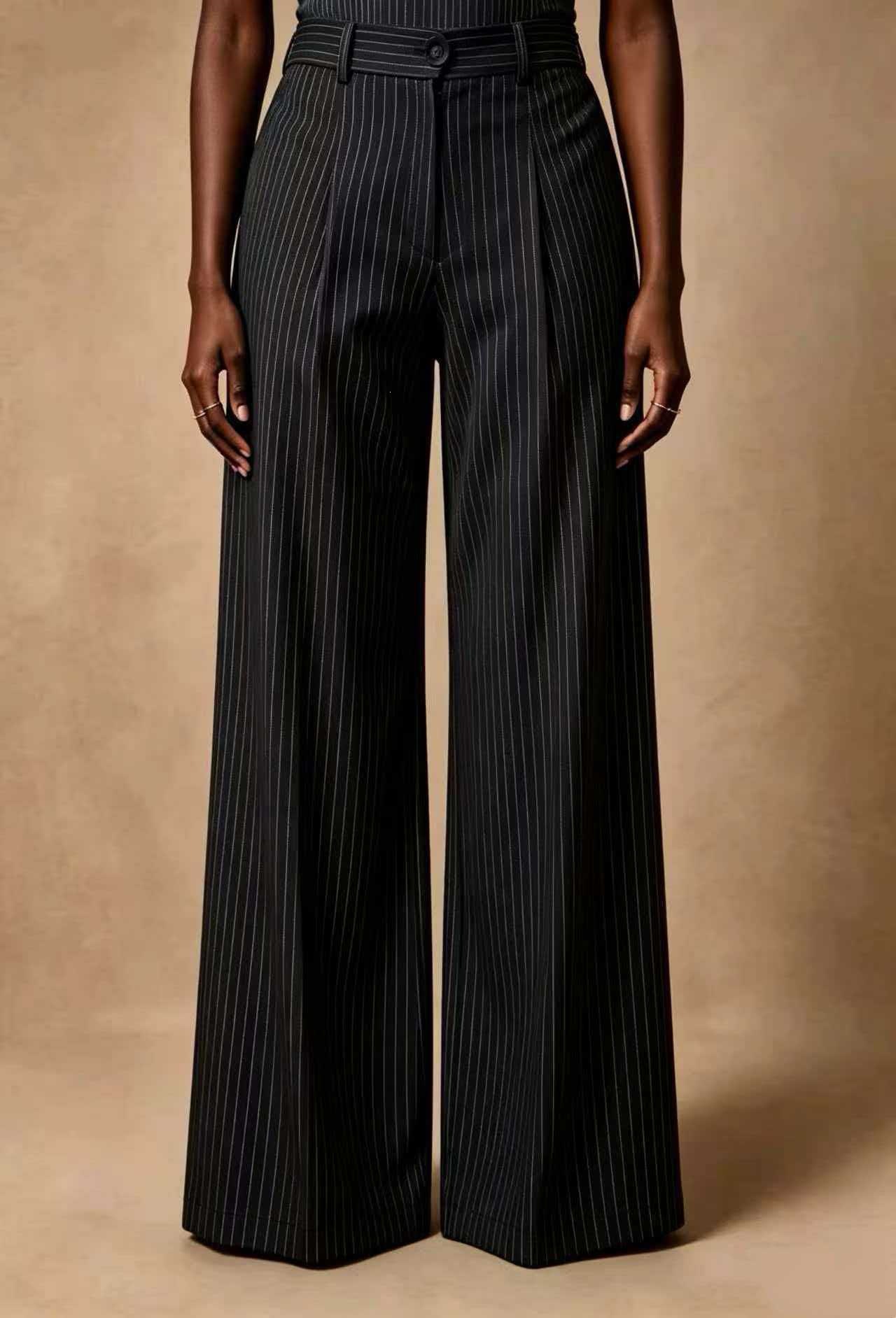 Retro High-Waist Pleated Wide-Leg Striped Pants