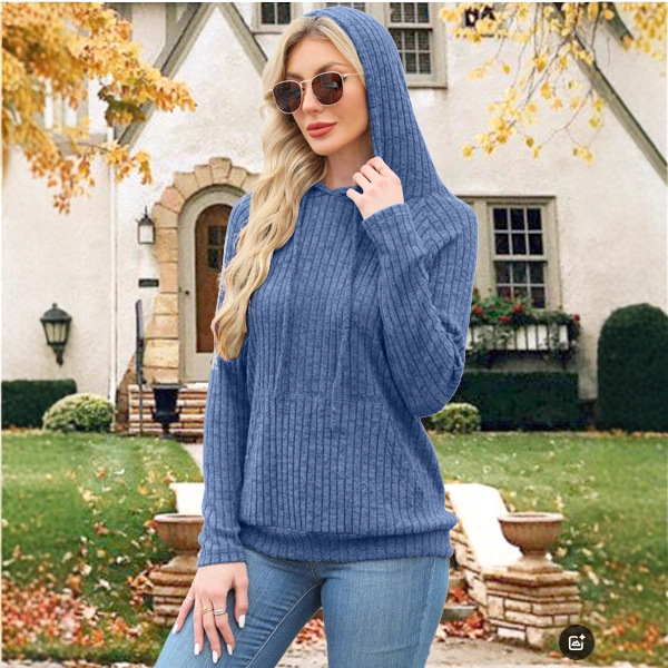 Ribbed Knit Hooded Pullover Sweatshirt with Pockets for Women