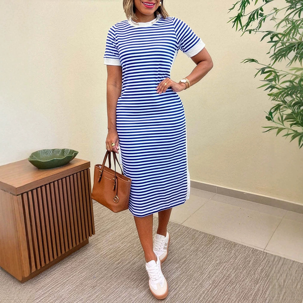 Women's Striped Round Neck Slit Casual Dress