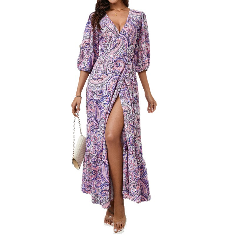 Suede A-Line Midi Dress with V-Neck and Lantern Sleeves