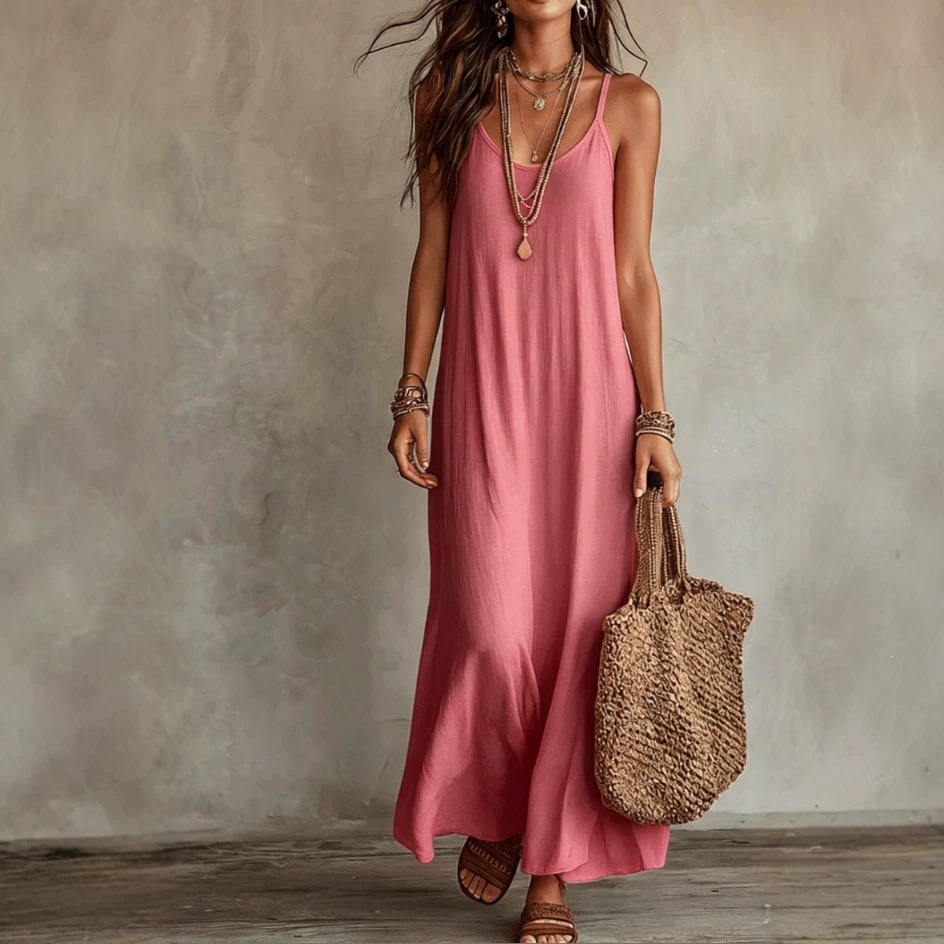 Boho Solid Color V-Neck Cami Dress Relaxed Fit