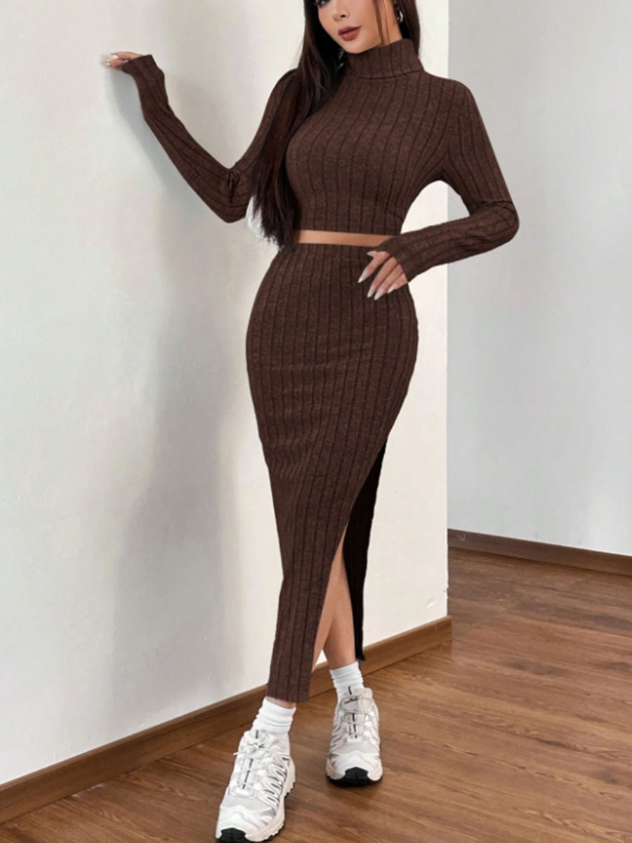 Bodycon Long-Sleeve High-Neck Slit Skirt Set