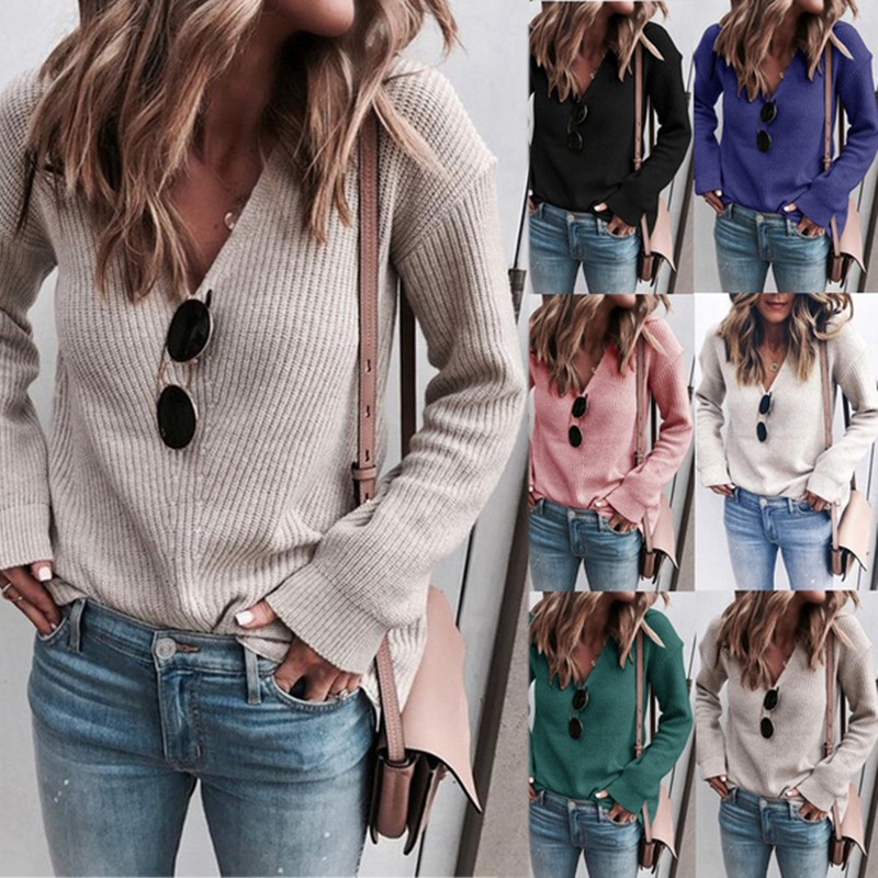 Women's V-Neck Knit Sweater Pullover Solid Color Long Sleeve