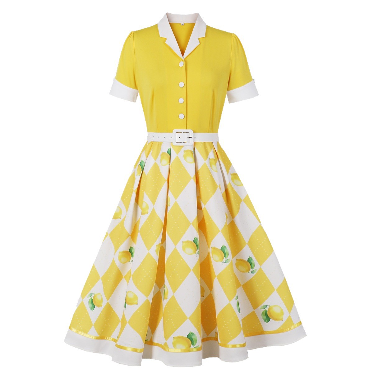 Women's Vintage Fruit Print Short Sleeve A-Line Dress with Belt