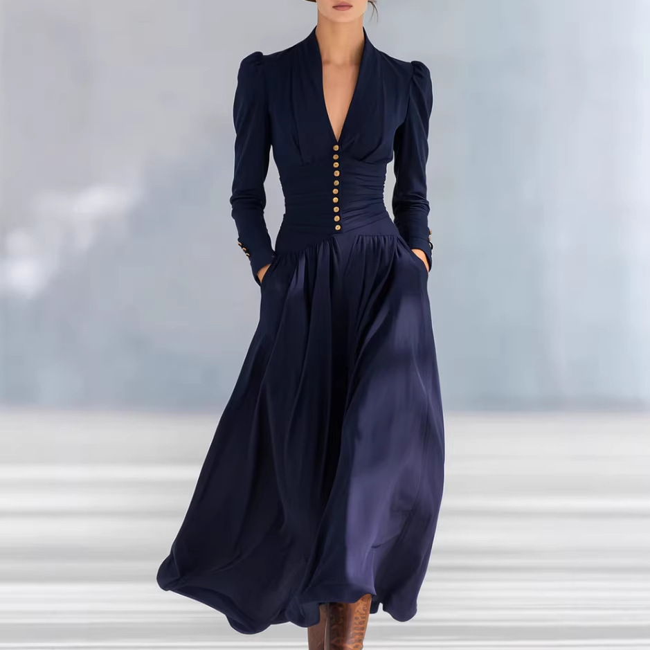 Elegant V-Neck Puff Sleeve Long Sleeve Maxi Dress with Cinched Waist