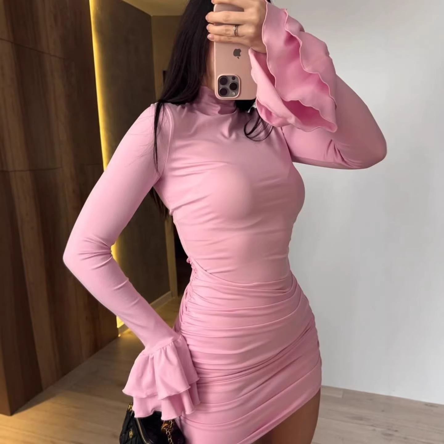 Women's High Neck Flare Sleeve Ruched Bodycon High Waist Dress