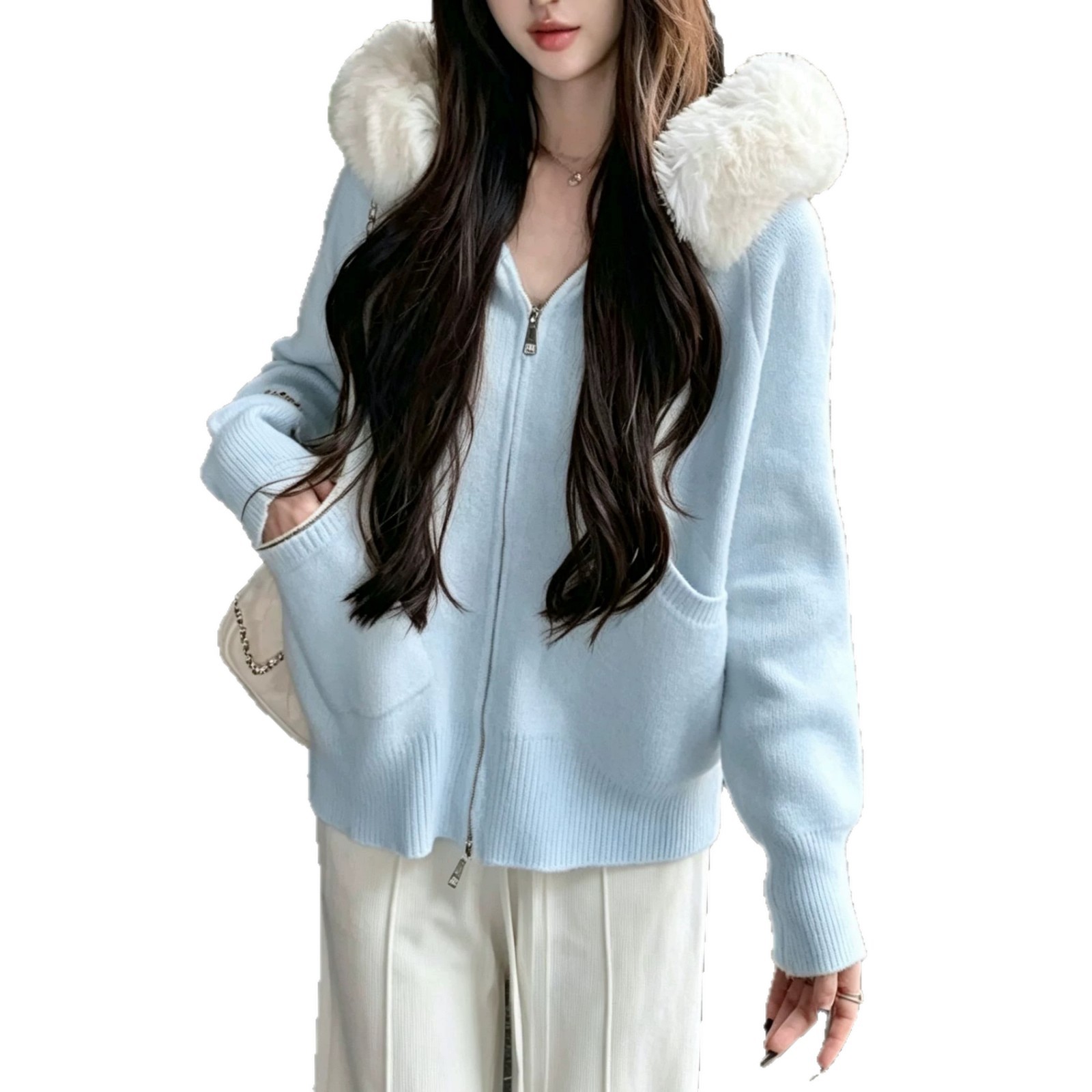 Women's Faux Fur Trim Hooded Zip Knit Cardigan Solid Color Loose Sweater with Pockets
