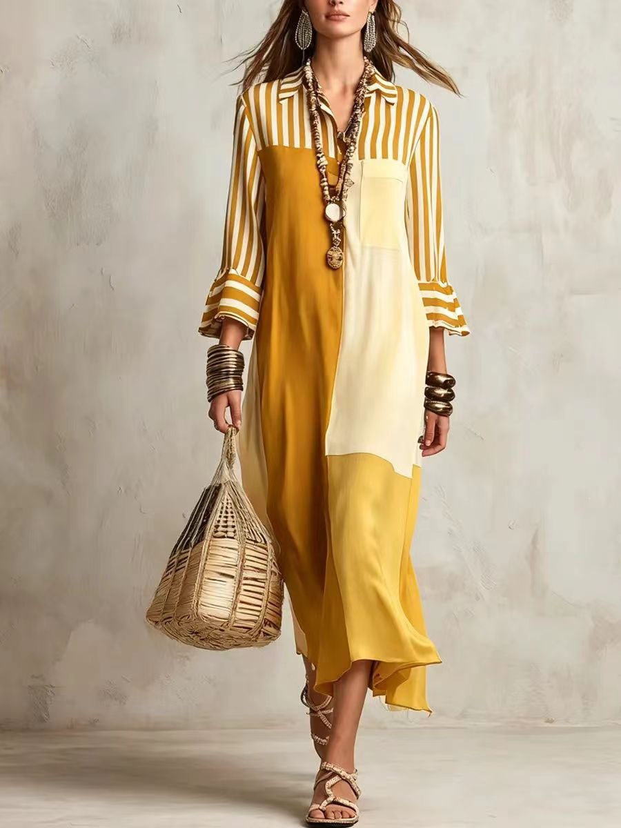 Striped Color-Block Shirt Dress with Three-Quarter Sleeves and V-Neck