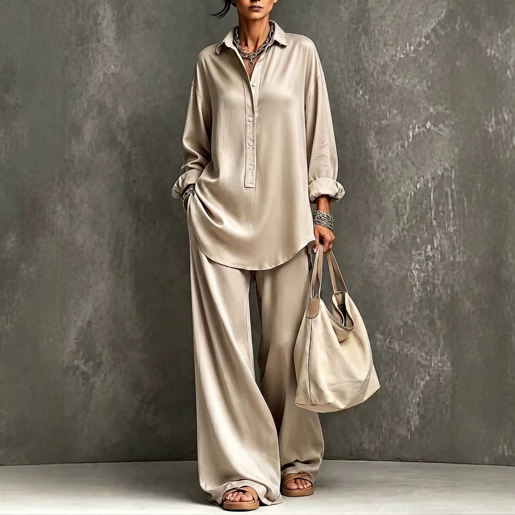 Women's Solid Color Collared Button Long Sleeve Shirt & Wide Leg Pants Set